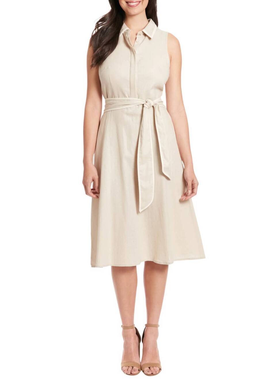 NEW LONDON TIMES sleeveless a-line belted dress in beige